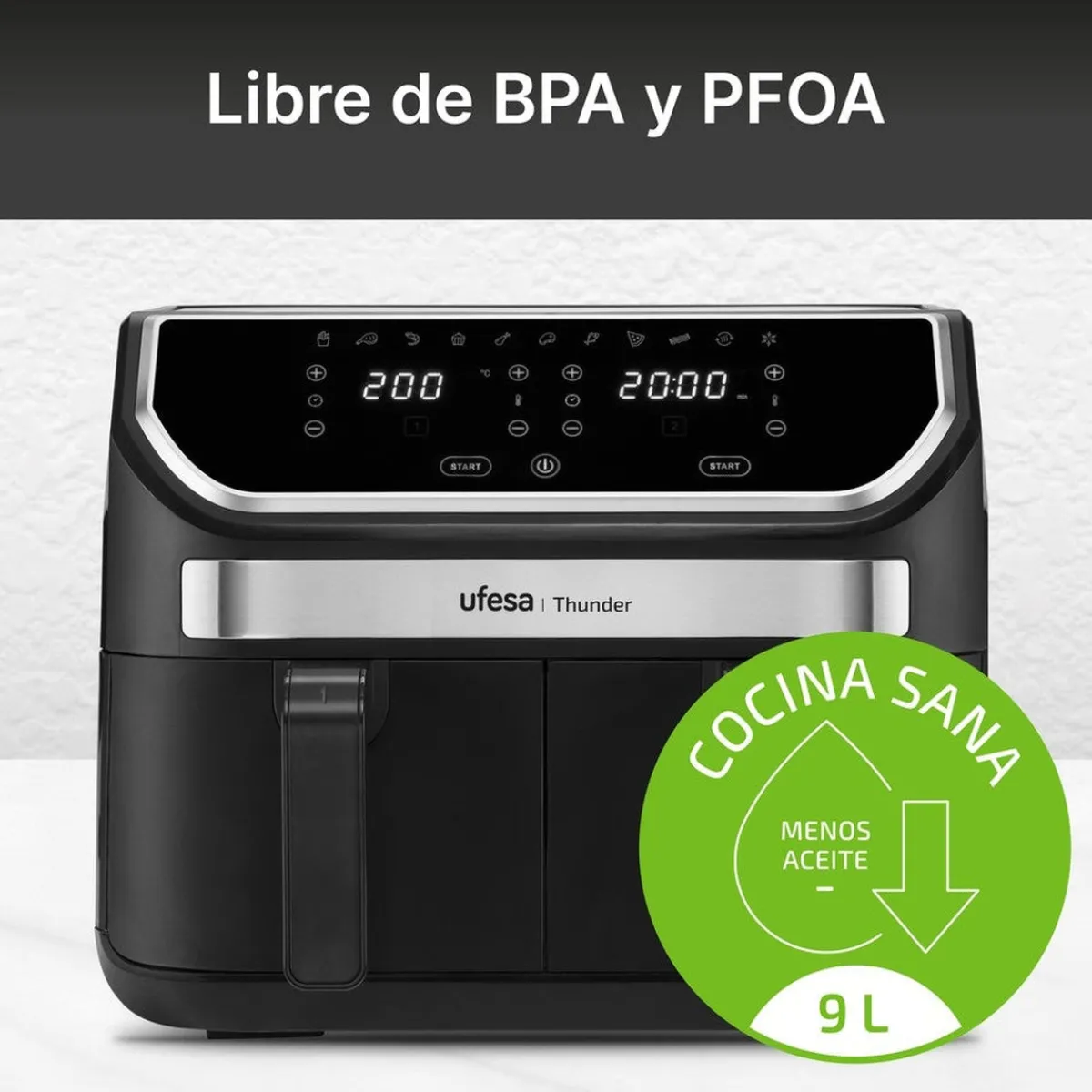 Ufesa Freidora de aire digital doble cubeta 9L Thunder
